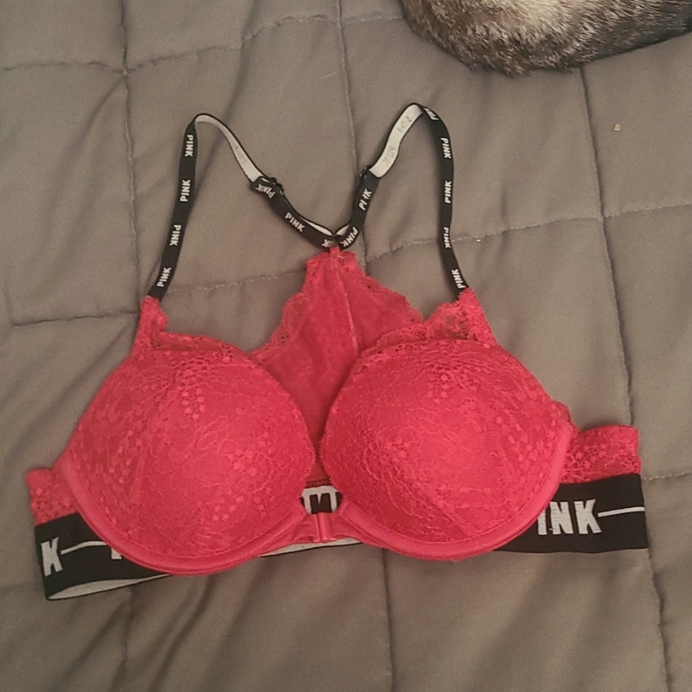 Red lace VS pink bra with front closure